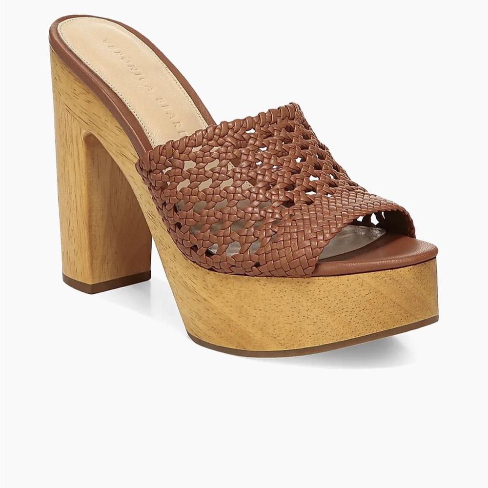 NEW Veronica Beard Brown Woven Leather Platform Mules